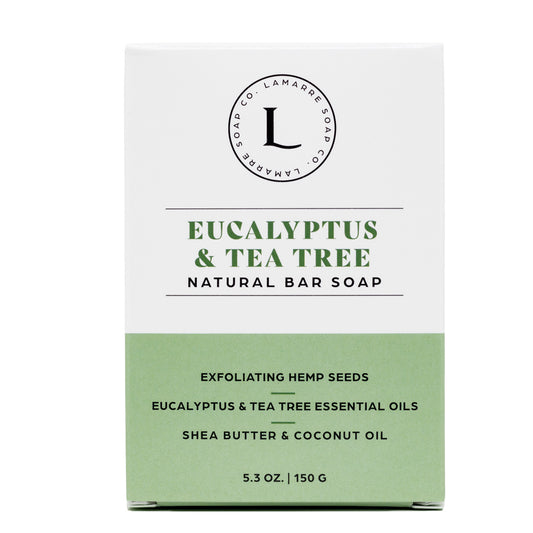 Lamarre Soap Co. Eucalyptus & Tea Tree Natural Bar Soap with exfoliating hemp seeds, eucalyptus and tea tree essential oils, shea butter and coconut oil box front.