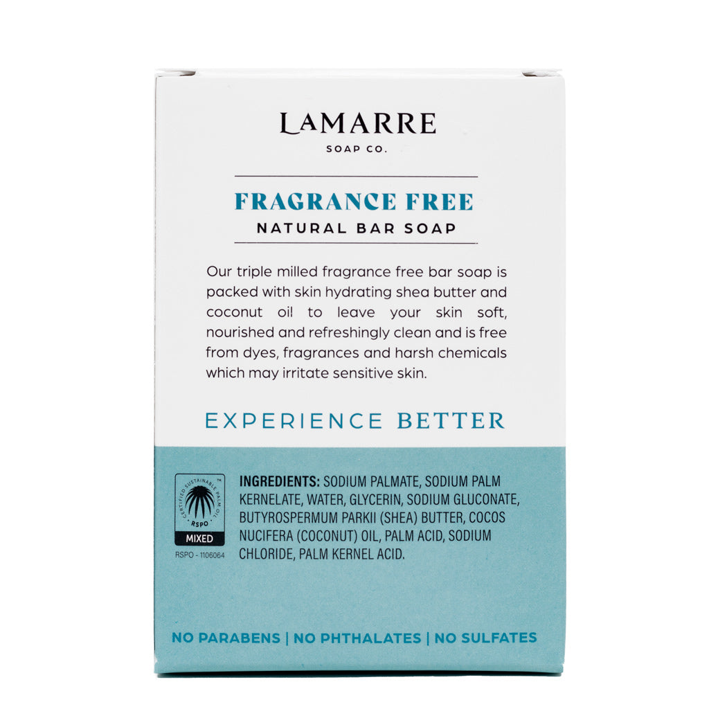 Lamarre Soap Co. Fragrance Free Natural Bar Soap with shea butter and coconut oil and free from dyes, fragrances and essential oils box back. 