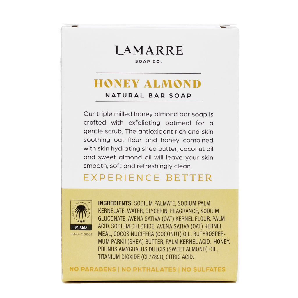 Lamarre Soap Co. Honey Almond Natural Bar Soap with exfoliating oatmeal, sweet almond essential oil, shea butter and coconut oil box back.