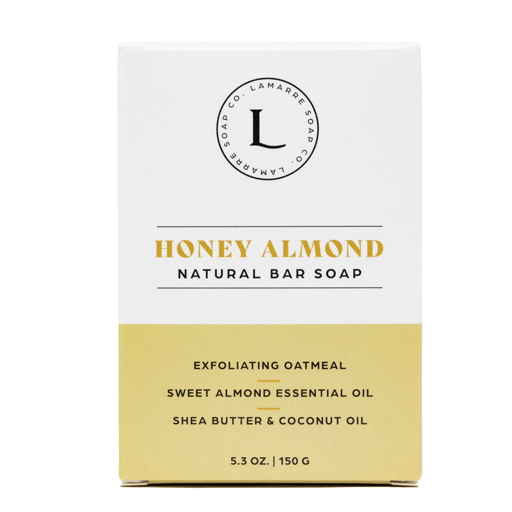 Lamarre Soap Co. Honey Almond Natural Bar Soap with exfoliating oatmeal, sweet almond essential oil, shea butter and coconut oil box front.