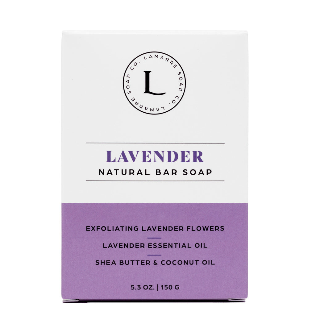 Lamarre Soap Co. Lavender Natural Bar Soap with exfoliating lavender flowers, lavender essential oil, shea butter and coconut oil box front. 