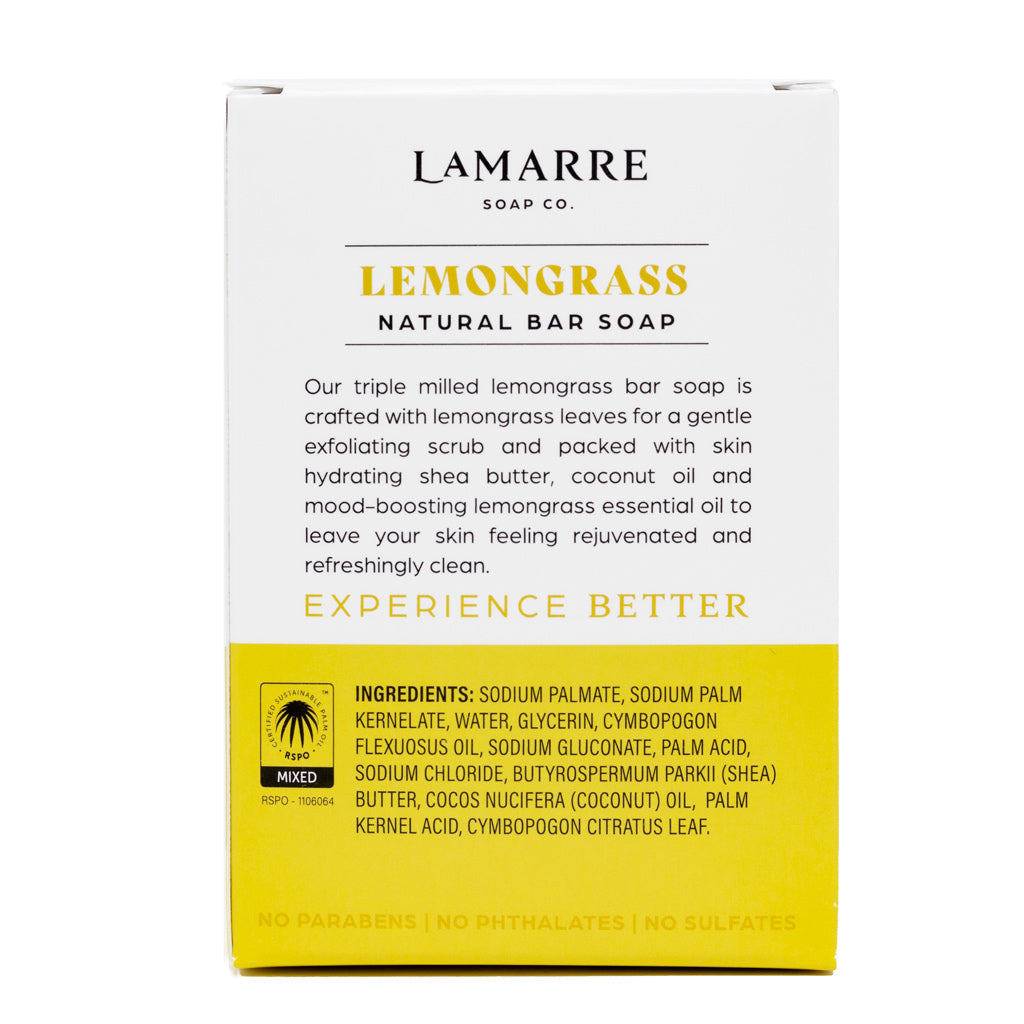 Lamarre Soap Co. Lemongrass Natural Bar Soap with exfoliating lemongrass leaves, lemongrass essential oil, shea butter and coconut oil box back.