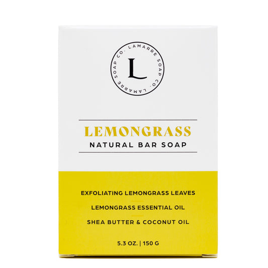 Lamarre Soap Co. Lemongrass Natural Bar Soap with exfoliating lemongrass leaves, lemongrass essential oil, shea butter and coconut oil box front.