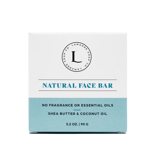 Lamarre Soap Co. Natural Face Bar with shea butter and coconut oil and free from dyes, fragrances and essential oils box front.