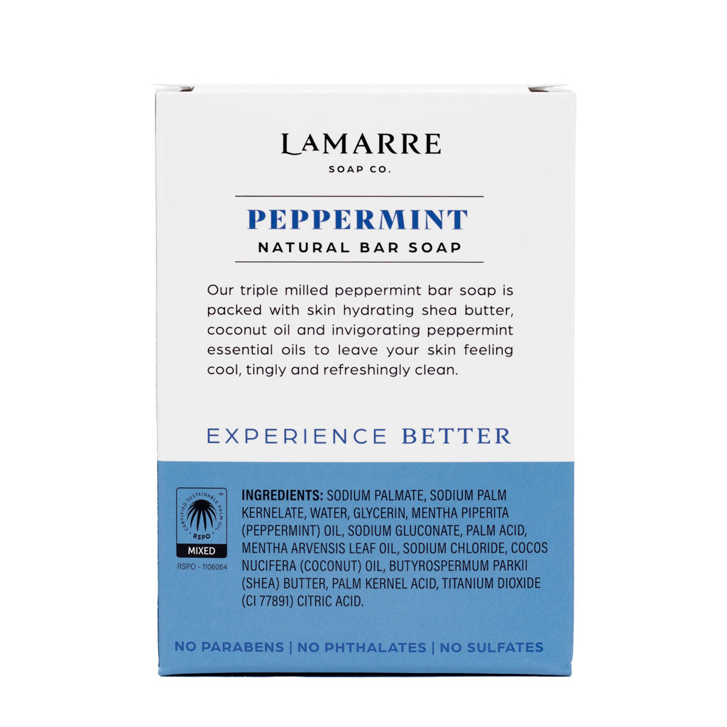 Lamarre Soap Co. Peppermint Natural Bar Soap with peppermint essential oil, shea butter and coconut oil box back.