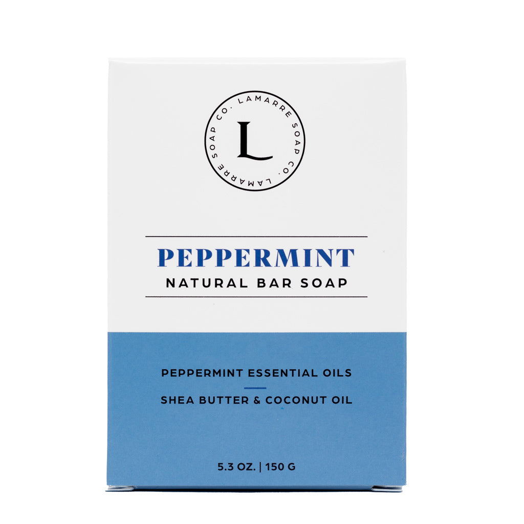 Lamarre Soap Co. Peppermint Natural Bar Soap with peppermint essential oil, shea butter and coconut oil box front.